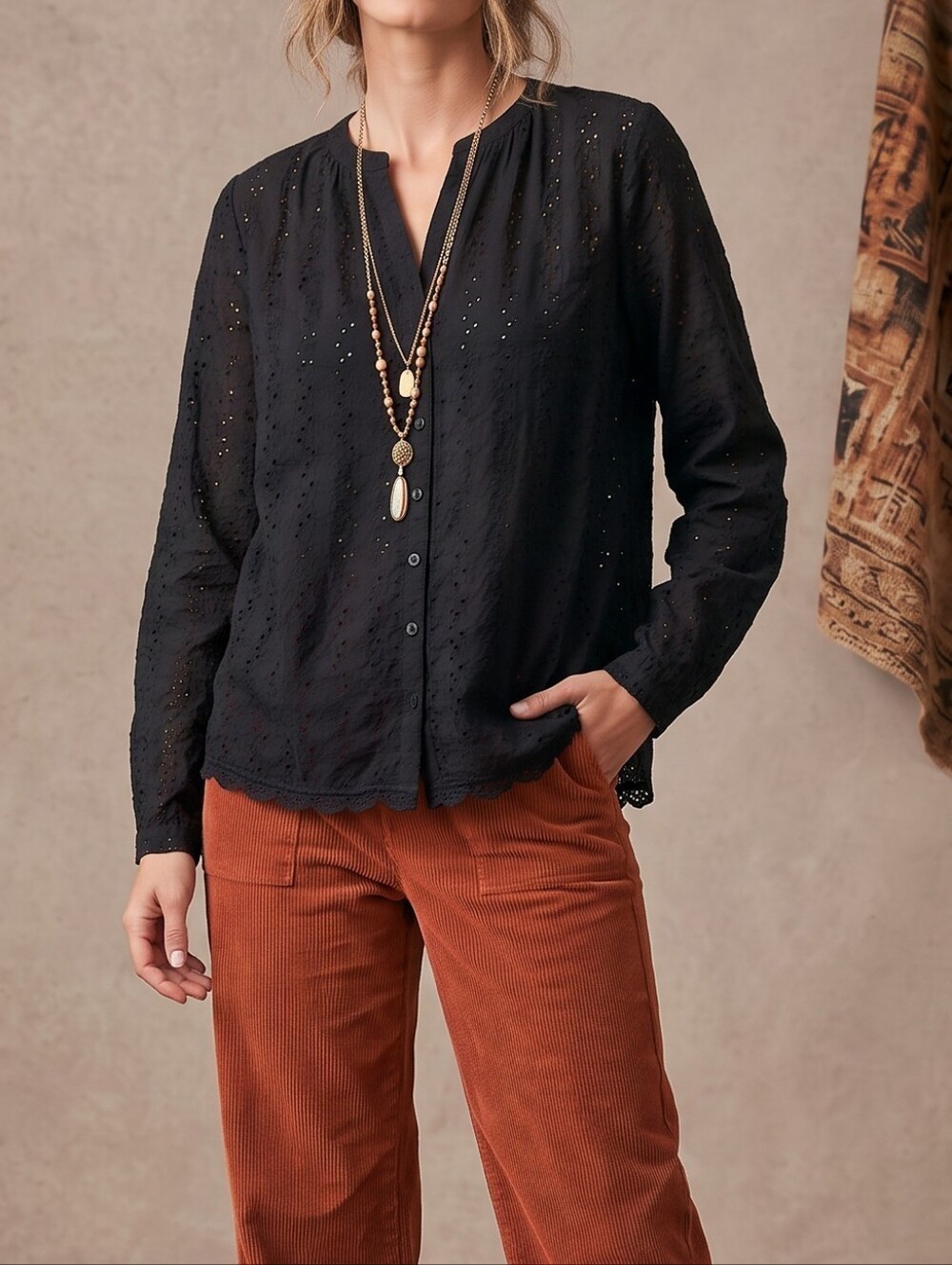 Free People Maddison Eyelet Button Up Blouse Black Oversized Shirt XS